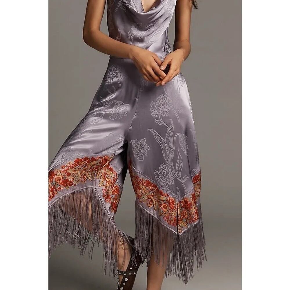 NWT Anthropologie Fringe Cowl Neck Wide Leg Jumpsuit Gray Floral Size 0